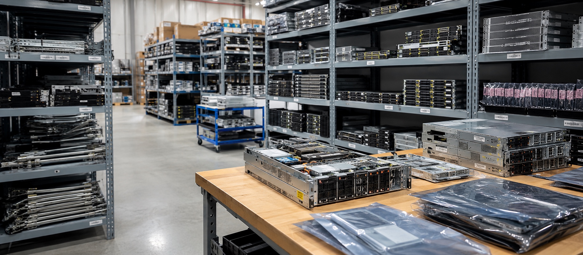 IT hardware warehouse with servers, network equipment, and organized inventory.